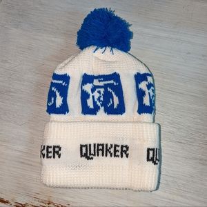 Vintage Rare Deadstock Quaker Oats Oatmeal Blue White Winter Beanie Hat Pom Poms